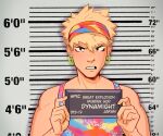  1boy bakugou_katsuki barbie_(franchise) barbie_(live_action) barbie_mugshot_(meme) blonde_hair boku_no_hero_academia character_name commentary earrings english_commentary fingernails habkart height_mark highres holding holding_sign hoop_earrings jewelry looking_at_viewer male_focus meme midoriya_izuku mugshot red_eyes short_hair sign solo spiked_hair upper_body 