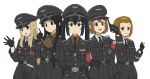  5girls akiyama_mio arms_behind_back black_cat03 black_coat black_eyes black_gloves black_hair black_necktie blonde_hair blue_eyes brown_eyes brown_hair brown_shirt cigarette coat collar_tabs collared_shirt cross gloves gun hairband handgun hat_ornament highres hirasawa_yui holding holding_cigarette holding_gun holding_notebook holding_pen holding_weapon iron_cross k-on! kotobuki_tsumugi long_hair looking_at_another military_uniform multiple_girls nakano_azusa nazi nazi_party_pin necktie notebook pen red_armband shirt short_hair simple_background skull_hat_ornament ss_insignia ss_uniform swastika tainaka_ritsu totenkopf twintails uniform waffen-ss waving weapon white_background white_shirt yellow_hairband 