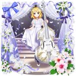  1girl absurdres ahoge alternate_costume bell blonde_hair closed_mouth clothes_lift commentary contrapposto curtains double_bass dress dress_lift english_commentary flower full_body game_cg highres holding holding_instrument instrument jewelry lifted_by_self looking_at_viewer lunasa_prismriver lunasa_prismriver_(white_double_bassist) pendant petals pink_flower rotte_(1109) second-party_source short_hair smile solo touhou touhou_lost_word vest white_dress white_flower white_footwear white_vest yellow_eyes 