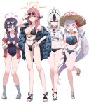  4girls :d absurdres ahoge aru_(blue_archive) bikini black_bikini_bottom black_hair blue_archive closed_mouth demon_horns eyewear_on_head floral_print flower flower_necklace frilled_bikini frills grey_hair halo haruka_(blue_archive) hat high_heels highres holding holding_water_gun horns kayoko_(blue_archive) long_hair multicolored_hair multiple_girls mutsuki_(blue_archive) open_mouth pizzasi purple_eyes red_flower shirt side_ponytail smile straw_hat swimsuit very_long_hair water_gun white_background white_hair white_shirt 