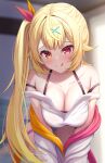  1girl bare_shoulders blonde_hair blush breasts cleavage front-tie_top hair_ornament hair_ribbon heterochromia highres hoshikawa_sara jacket large_breasts long_hair looking_at_viewer nijisanji red_eyes ribbon side_ponytail smile solo star_piercing suicabar72 tank_top tongue tongue_out virtual_youtuber white_jacket white_tank_top x_hair_ornament yellow_eyes 