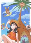  1girl alolan_exeggutor alolan_raichu arm_up black_hair braid cloud comfey commentary_request cutiefly day eyelashes floral_print flower grey_eyes grubbin hat hat_flower highres mareanie orange_shirt outdoors parted_lips pokemon pokemon_(creature) pokemon_(game) pokemon_usum rii_(mrhc7482) rowlet selene_(pokemon) shirt shorts sitting sky sleeveless sleeveless_shirt twin_braids white_shorts 