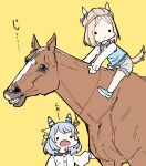  2girls aged_down animal_ears belt blonde_hair blue_eyes brown_headwear cabbie_hat casual commentary ear_covers ear_ornament ear_piercing ears_through_headwear glaring grey_hair grey_shorts hat highres hishi_miracle_(umamusume) horse horse_ears horse_girl horse_tail horseback_riding jewelry long_sleeves multicolored_hair multiple_girls narita_top_road_(umamusume) official_alternate_costume open_mouth parted_bangs pendant piercing real_life riding sanpaku shorts sideways_glance single_ear_cover soccer_boy_(racehorse) solid_circle_eyes streaked_hair tail takatsuki_nato teeth translated two-tone_hair umamusume upper_teeth_only white_hair yellow_background 