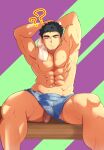  1boy :/ ? ?? abs armpits arms_up bara blue_male_underwear boxers bulge clothing_aside feet_out_of_frame flaccid goatee_stubble highres large_pectorals looking_at_viewer male_focus male_underwear male_underwear_aside mature_male muscular muscular_male navel no_nipples pectorals penis penis_peek ragi_san_(ononokomachiimo) senpai_ga_uzai_kouhai_no_hanashi short_hair sideburns solo spread_legs stomach sweat takeda_harumi_(shiromanta) thick_eyebrows thick_thighs thighs topless_male uncensored underwear very_sweaty wiping_sweat 