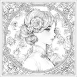  1girl chinese_clothes floral_background flower framed greyscale hair_flower hair_ornament lemon89h lips looking_away mole mole_under_eye monochrome nose original portrait rose short_hair solo twitter_username watermark 