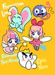  2girls animal_ears blue_skin blush_stickers closed_eyes colored_skin commentary_request copyright_name crown elfilin elline_(kirby) fairy fairy_wings gooey_(kirby) hair_ribbon hakaba_(ksni_tbn) highres kirby&#039;s_dream_land_3 kirby&#039;s_epic_yarn kirby_(series) kirby_64 kirby_and_the_forgotten_land kirby_and_the_rainbow_curse looking_at_viewer mouse_ears multicolored_hair multiple_girls notched_ear open_mouth pink_hair prince_fluff ribbon ribbon_(kirby) smile star_(symbol) thick_eyebrows tongue tongue_out v-shaped_eyebrows wings yellow_background 