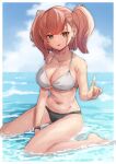 1girl atlanta_(kancolle) bare_arms bare_legs bare_shoulders barefoot bikini black_bikini_bottom breasts brown_hair cleavage closed_mouth collarbone earrings grey_eyes groin index_finger_raised jewelry kantai_collection large_breasts long_hair navel single_earring sitting solo star_(symbol) star_earrings swimsuit tongue tongue_out two_side_up wariza water white_bikini wss_(nicoseiga19993411) 