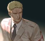  1boy armband blonde_hair goatee_stubble light_frown looking_to_the_side male_focus marley_military_uniform mustache_stubble reiner_braun serious shingeki_no_kyojin shirt short_hair solo upper_body zoo_(oukakumaku) 