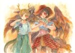  antlers bird_wings copyright_request dated hat horns kicchou_yachie kurokoma_saki looking_at_viewer painting_(medium) red_eyes shiroma_(mamiko) skirt touhou traditional_media watercolor_(medium) white_background wings 