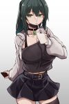  1girl belt camisole cellphone choker collarbone cup drinking drinking_straw green_eyes green_hair highres hiruno holding holding_cup holding_phone large_belt mask mask_pull midriff_peek mouth_mask original phone pleated_skirt skirt smartphone solo thighhighs 