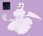  anthro big_breasts breasts cleavage cleavage_cutout clothed clothing dragon dreamworks exqmaster female how_to_train_your_dragon kneeling light_fury looking_at_viewer membrane_(anatomy) membranous_wings nubless purple_eyes scalie solo thick_thighs western_dragon wide_hips wings 