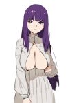  1girl blunt_bangs breasts cleavage dress fern_(sousou_no_frieren) frown furrowed_brow huge_breasts jason_kim long_hair long_sleeves looking_to_the_side purple_eyes purple_hair simple_background sketch solo sousou_no_frieren standing sweatdrop upper_body white_background white_dress 