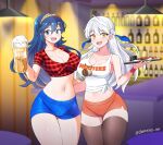 2girls :d absurdres alternate_costume bar_(place) beer_mug black_thighhighs blue_eyes blue_hair blue_shorts breasts cleavage commentary_request cowboy_shot crop_top cup fire_emblem fire_emblem:_radiant_dawn fire_emblem_awakening hair_between_eyes highres holding holding_tray hooters indoors jarckius large_breasts long_hair looking_at_viewer lucina_(fire_emblem) micaiah_(fire_emblem) midriff mug multiple_girls navel open_mouth orange_shorts plaid plaid_shirt red_shirt shirt short_shorts short_sleeves shorts smile standing stomach tank_top thighhighs thighs tiara tray very_long_hair white_hair white_tank_top yellow_eyes 