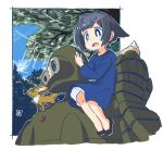  1girl :o animal_ears black_eyes black_hair blue_dress blue_sky bob_cut border dress fox fox_ears fox_girl fox_squirrel fox_tail full_body golem headband kukuri_(mawaru) laputa_robot long_sleeves mawaru_(mawaru) open_mouth original outdoors short_hair sitting sky solo tail tenkuu_no_shiro_laputa tree white_border 