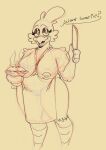  anonymous_artist anthro apron apron_only avian big_breasts bird breasts cheeky_(roommates) chica_(fnaf) chicken clothing dessert dialogue exposed_breasts female five_nights_at_freddy&#039;s food galliform gallus_(genus) guide_lines handwear knife makeup oven_mitts phasianid pie roommates:motha running_makeup scottgames sketch slightly_chubby solo wide_hips 