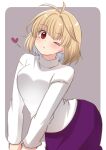  1girl absurdres antenna_hair arcueid_brunestud blonde_hair blowing_kiss blush commentary_request grey_background hair_between_eyes heart highres long_sleeves looking_at_viewer one_eye_closed purple_skirt red_eyes shimotsukishin short_hair simple_background single_hair_intake skirt solo sweater tsukihime turtleneck turtleneck_sweater white_sweater 