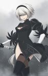  1girl absurdres black_dress black_footwear black_gloves black_hairband blue_eyes boots closed_mouth dress gloves grey_hair grey_thighhighs hair_over_one_eye hairband highres holding holding_weapon looking_at_viewer medium_hair mole mole_under_mouth nier:automata nier_(series) shirl_geem short_dress side_slit solo standing thigh_boots thighhighs weapon yorha_no._2_type_b 