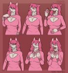  absurd_res angry anthro big_breasts bodily_fluids breasts canid canine claws cleavage cleavage_cutout clenched_teeth clothed clothing colored cringing crying_laughing english_text excited expression_sheet expressions female fox hair hi_res jewelry laugh long_hair mammal model_sheet multi_tail necklace olivia_(oliviamancer) open_mouth pink_body pink_hair scared smile solo sunny_frostwolf sweater tail tears teeth text topwear trans_(lore) trans_woman_(lore) white_body wide_eyed wide_hips 