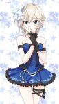  1girl anastasia_(idolmaster) black_gloves black_ribbon blue_dress blue_eyes breasts choker cleavage collarbone cowboy_shot dress gloves grey_hair hair_between_eyes hair_ornament highres idolmaster idolmaster_cinderella_girls leg_ribbon looking_at_viewer medium_hair open_mouth popon_ta ribbon ribbon_choker short_dress small_breasts solo standing strapless strapless_dress thigh_gap thigh_ribbon underbust white_ribbon 