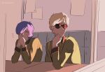  2boys blonde_hair char_aznable closed_mouth derivative_work elbow_on_table elbow_rest elbows_on_table flying_sweatdrops garma_zabi gundam high_collar highres indoors long_sleeves looking_afar looking_at_another looking_outside male_focus mobile_suit_gundam_the_origin multiple_boys own_hands_together purple_hair rrr_(airguitar) short_hair sideways_glance sitting sunglasses sweat table yellow_eyes 