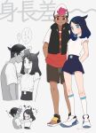  1boy 1girl black_hair black_shorts black_vest blush brown_shorts closed_mouth commentary_request cowlick dark-skinned_male dark_skin eyelashes hair_ornament hairclip highres kneehighs knees liko_(pokemon) multiple_views open_clothes open_vest partially_colored pokemon pokemon_(anime) pokemon_horizons rei_hinketsu roy_(pokemon) sandals shirt shoes short_hair short_sleeves shorts smile socks speech_bubble standing t-shirt thought_bubble toes translation_request vest white_footwear white_shirt white_socks 