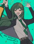  1boy aqua_background arms_up black_jacket black_pants blush closed_eyes collared_shirt confetti drunk green_hair green_necktie hat highres jacket lk0_71604 lobotomy_corporation long_hair long_sleeves male_focus necktie netzach_(project_moon) open_mouth pants party_hat project_moon shirt simple_background smile solo sparkle very_long_hair white_shirt 