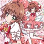  1girl antenna_hair bow bowtie brown_hair cardcaptor_sakura dress feet_out_of_frame frilled_dress frilled_shirt frills fuuin_no_tsue gloves green_eyes hat highres kinomoto_sakura looking_at_viewer magical_girl mob_cap multiple_views parted_lips pink_dress pink_headwear red_bow red_bowtie shinji_(udonteishoku) shirt short_hair thighhighs upper_body wand white_gloves white_shirt white_thighhighs 