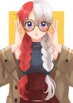  1girl :o alternate_hairstyle artist_name braid commentary_request eyelashes glasses highres looking_at_viewer low_twin_braids low_twintails multicolored_hair one_piece one_piece_film:_red purple_eyes red_hair solo twin_braids twintails twitter_username two-tone_hair uta_(one_piece) white_hair yoshi32_6 