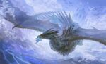  animal_focus blue_background blue_sky blue_theme carrying castle claws closed_mouth cloud dragon flying full_body highres mouth_hold no_humans pixiv_fantasia pixiv_fantasia_last_saga river sakaya313 scales size_difference sky tail wings yellow_eyes 