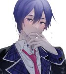  1boy blue_eyes blue_hair blue_nails blush closed_mouth collared_shirt commentary_request dark_blue_hair double-parted_bangs embarrassed fingernails hair_between_eyes highres kaito_(vocaloid) lapels leo/need_(project_sekai) leo/need_kaito long_sleeves looking_at_viewer male_focus necktie notched_lapels open_collar parang_99 project_sekai red_necktie school_uniform shirt short_hair simple_background solo upper_body vocaloid white_background 