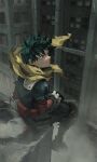  1boy belt boku_no_hero_academia building city closed_mouth freckles gloves green_eyes green_hair green_jumpsuit highres jumpsuit knee_pads male_focus midoriya_izuku on_roof outdoors red_belt scarf short_hair sitting solo spiked_hair superhero utility_belt yellow_scarf yeol2510 