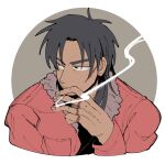  1boy black_eyes black_hair black_shirt bomber_jacket cigarette closed_mouth commentary_request expressionless fingernails grey_background highres holding holding_cigarette inudori itou_kaiji jacket kaiji long_hair looking_afar looking_to_the_side male_focus medium_bangs parted_bangs red_jacket scar scar_on_cheek scar_on_face scar_on_hand shirt simple_background smoke smoking solo two-tone_background upper_body white_background 