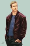  1boy aqua_background august_king_(o_natsuo88) bara belt blonde_hair blue_shirt brown_belt closed_mouth cowboy_shot facial_hair goatee green_pants hands_in_pockets highres jacket looking_to_the_side male_focus mature_male o_natsuo88 open_clothes open_jacket original pants red_jacket shirt short_hair solo watch wristwatch 