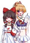  2girls blonde_hair blush bow brown_hair cup earrings frills hakurei_reimu highres holding holding_cup jewelry multiple_girls orb purple_eyes red_bow red_eyes see-through see-through_sleeves shirt tohou89 touhou white_background white_shirt yakumo_yukari yin_yang yin_yang_orb 