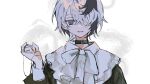  1girl alternate_costume black_choker black_hair black_shirt bow bowtie capelet choker commentary_request flower_(vocaloid) flower_(vocaloid4) grey_eyes grin hair_over_one_eye half-closed_eyes hand_up highres long_sleeves looking_at_viewer multicolored_hair one_eye_covered pinky_out puffy_long_sleeves puffy_sleeves shirt short_hair si_(wooupp) smile solo streaked_hair string_around_finger upper_body vocaloid white_background white_bow white_bowtie white_capelet white_hair 