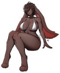  absurd_res anthro big_breasts bikini breasts brown_body brown_fur clothed clothing cursedanchovy eyebrows eyelashes female fur hair hi_res lagomorph leporid long_ears mammal rabbit red_eyes simple_background solo swimwear thick_thighs white_background 