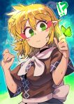  !? 1girl blonde_hair blue_background blush_stickers breasts carte covered_nipples green_eyes hands_up highres large_breasts medium_hair mizuhashi_parsee pointy_ears simple_background solo sparkle spoken_interrobang touhou 