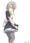  1girl absurdres alternate_costume apron asymmetrical_hair black_dress black_gloves dress enmaided feet_out_of_frame flipped_hair frilled_apron frills gloves grey_eyes grey_hair grey_pantyhose highres kantai_collection long_hair maid maid_headdress nowaki_(kancolle) one-hour_drawing_challenge pantyhose ribbon robinson_(day_l_full) simple_background solo swept_bangs twitter_username white_apron white_background yellow_ribbon 