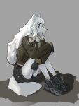  anthro blue_eyes bottomwear canid canine canis clothing female footwear fur gfox404 gloves hair handwear hi_res jacket mammal shorts solo topwear white_body white_fur white_hair wolf 