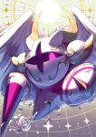  1boy absurdres cola_cola00 commentary_request flying galacta_knight highres holding holding_polearm holding_weapon horns kirby_(series) light looking_at_viewer looking_down male_focus mask polearm purple_eyes shadow shield solo weapon wings 