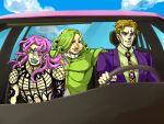  3boys blonde_hair blue_lips car_interior collar curly_hair diamond_wa_kudakenai diavolo fat fat_man fishnet_top fishnets formal frilled_collar frills funny_valentine green_hair grin headbanging jojo_no_kimyou_na_bouken kira_yoshikage left-hand_drive lipstick makeup male_focus meme metamin_(memethah) multiple_boys necktie official_style pink_car pink_hair pinstripe_pattern pinstripe_shirt polka_dot_hair purple_eyes shirt sky smile steel_ball_run steering_wheel striped suit vento_aureo what_is_love_(meme) 