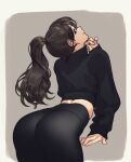  1girl ass black_eyes black_hair black_pants closed_mouth from_behind k52 long_hair long_sleeves looking_at_viewer looking_back original pants piercing ponytail profile simple_background solo two-tone_background yoga_pants zipper_pull_tab 