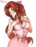  1girl 2021 aerith_gainsborough artist_name bare_shoulders blush bow braid braided_ponytail breasts brown_hair buttons cleavage collarbone commentary dated dress english_commentary final_fantasy final_fantasy_vii final_fantasy_vii_remake forehead green_eyes hair_bow head_tilt lips long_hair looking_at_viewer medium_breasts mina_cream parted_bangs pink_bow pink_dress pink_lips seductive_smile sidelocks simple_background sleeveless sleeveless_dress smile solo very_long_hair white_background 
