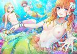  3girls air_bubble arm_up bare_shoulders blonde_hair blue_eyes blush bracelet breasts brown_hair bubble butterflyfish closed_mouth clownfish coral coral_reef fins fish fish_tail green_hair highres jewelry kanden_sky large_breasts light_rays long_hair medium_breasts mermaid midriff monster_girl multicolored_hair multiple_girls necklace nipples nude open_mouth original outstretched_arms pearl_bracelet pearl_necklace red_hair shell short_hair sleeve_cuffs small_breasts sunbeam sunlight surgeonfish tail teeth tropical_fish twintails underwater upper_teeth_only yellow_tang 