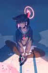  1girl absurdres animal_ears black_choker black_hair black_hoodie black_pantyhose blue_archive blue_sailor_collar blurry blurry_foreground candy cat_ears cat_girl choker colored_inner_hair food full_body glowing_halo graffiti halo highres hood hoodie indian_style kazusa_(blue_archive) looking_at_viewer multicolored_hair neckerchief pantyhose pink_hair pleated_skirt red_eyes red_neckerchief sailor_collar shoes short_hair single_shoe sitting skirt sneakers solo user_fset8853 white_skirt wrapped_candy 