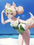  1girl adjusting_eyewear aircraft airplane animal_ears ball beach beachball blonde_hair blue_sky blush breasts casual_one-piece_swimsuit collarbone covered_navel day double_bun earrings frills green-tinted_eyewear green_eyes green_nails hair_bun highres holding holding_ball holding_beachball jewelry leaning_forward looking_at_viewer ocean one-piece_swimsuit original outdoors plaid plaid_swimsuit pom_pom_(clothes) punipunimeron1 round_eyewear sky small_breasts solo sunglasses swimsuit tail tinted_eyewear 