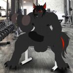  abs alexzandr_sokolov anthro balls biceps big_balls big_penis black_body black_fur black_hair black_penis canid canine canis claws digitigrade exercise foreskin fur genitals hair hi_res male mammal muscular nude pecs penis red_eyes smile smirk solo weightlifting wolf workout zi0808 