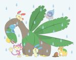  &gt;_o ^_^ aipom castform castform_(rainy) claws closed_eyes diglett grin happy minun miu_(pixiv358902) numel one_eye_closed open_mouth plusle pokemon rain riding smile tropius water_drop white_background wooper 