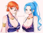 2girls blue_hair bra brown_eyes commentary commentary_request earrings eyelashes high_ponytail jewelry joman korean_commentary looking_at_viewer multiple_girls nami_(one_piece) necklace nefertari_vivi one_piece orange_eyes orange_hair ponytail short_hair sidelocks simple_background smile underwear upper_body white_background 
