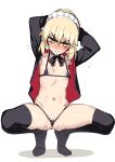  angry arms_behind_head arms_up artoria_pendragon_(alter_swimsuit_rider)_(fate) artoria_pendragon_(fate) bikini black_bikini black_jacket black_thighhighs blonde_hair blush braid breasts clenched_teeth crown_braid embarrassed fate/grand_order fate_(series) flying_sweatdrops frown highres jacket long_sleeves looking_at_viewer maid_headdress micro_bikini namonashi navel simple_background small_breasts squatting swimsuit teeth thighhighs tiptoes white_background yellow_eyes 